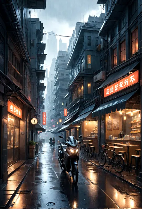 Future Cafe Pictures, Wet Street, architecture, Busy Street, cycle, Rubbish, Cyberpunk, Ultra-high quality, Extremely detailed