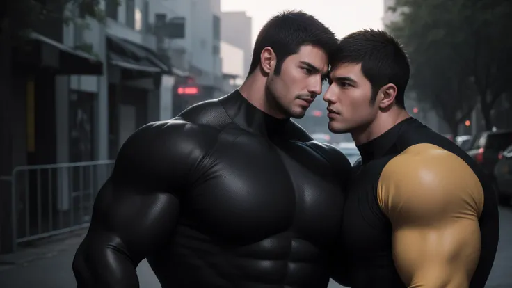 Super muscular man hugging,  Open mouth and scream，Look at each other affectionately，They hugged each other affectionately，Buzz Cut，On the old-style outdoor street under the hot sun, Wear a long-sleeved, deep turtleneck bodysuit, Thickened warm elastic tex...