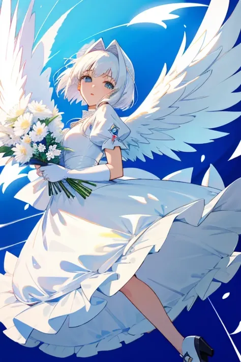 Waifu_anime_Angel vestido blanco, guantes blancos, tacones blancos, angel wings, paraiso con flores