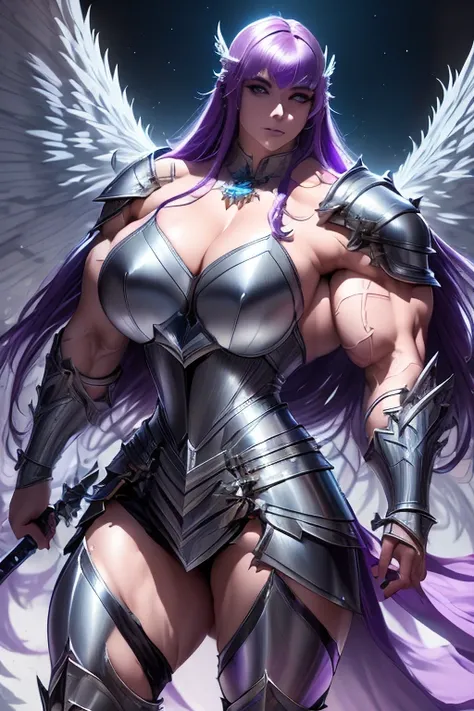 (((Massive, beautiful, buff, muscular pale white skinned female knight with violet purple hair, black lipstick, huge angle wings, ginormous bulky muscles, holding a sword and shield and wearing an all violet purple gleaming knight armor with hauberk pants)...