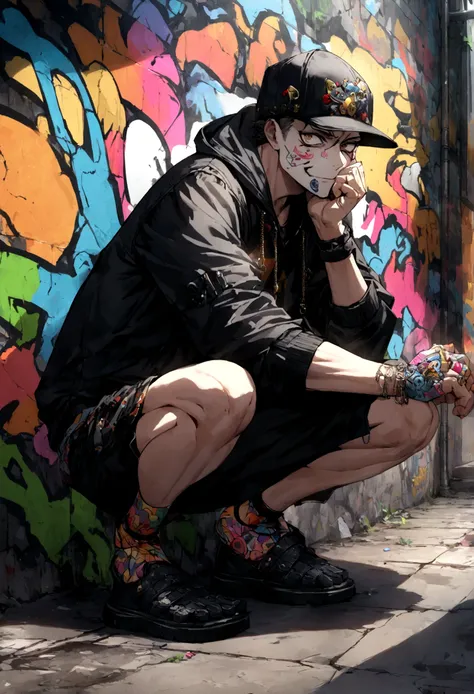 A man in an alley、(Super detailed)、(8k)、((Hip Hop Fashion))、(Graffiti wall)、(Esbian all over)、(Super detailedな顔)、(Detailed feet)、(Detailed hands)、(Cool face)、(squat)