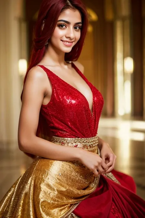 Beautiful realistic arabian girl with beautiful detailed waist body with red hair wearing opaque colored v-neck ball gown and smiling sexy