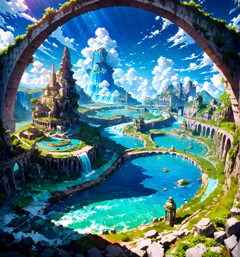 8K resolution, surreal, Super detailed, high quality, fantastical city, towering archways and bridges, cascading waterfalls, ancient ruins, lush greenery, winding river, blue skies with fluffy clouds, detailed stone structures, scenic landscapes, mix of na...