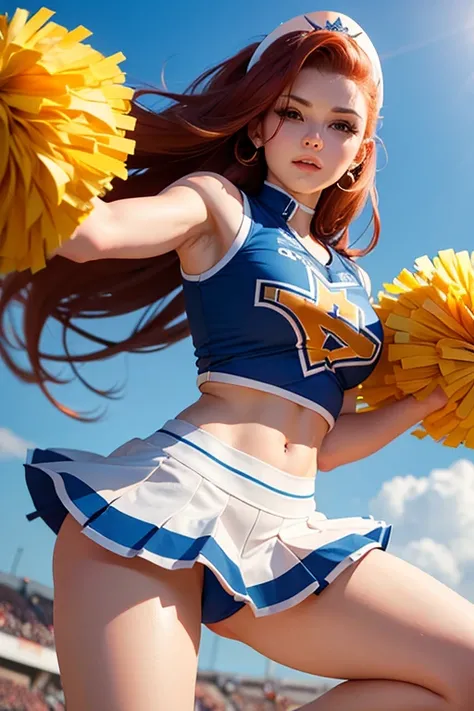 A beautiful college cheerleader, ruiva com longo, cabelos ruivos completos, vestindo o uniforme da universidade Westwood, muito bonito, Dutch angle