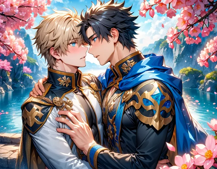 absurdres, highres, ultra detailed, HDR, master piece, best quality, Gawain, ash-blonde hair, expressive blue eyes, fate grand order, Fujimaru Ritsuka, black hair, expressive blue eyes, two sexy men together, gay couple, yaoi, handsome, blue cape with whit...