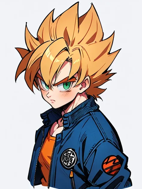 1man, solo, (masterpiece), best quality, ultra-detailed, Son Goku from Dragon Ball Z, super saiyan hair, Retro style, full body. fashion cloth, purple jean jacket, fancy, portrait, upper body, face detail, eyes detail: 1.3, simple background, green eyes, o...