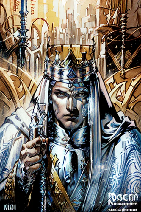 a ultra realistic painting of king baldwin iv of jerusalem, kingdom of heaven, white hood, ((silver mask)) covering whole face. ...