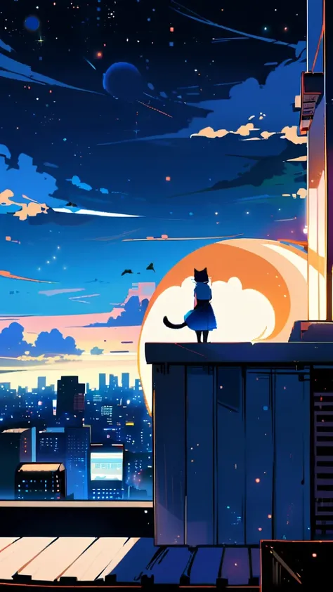 1girl, short hair, blue eyes, skirt, shirt, holding, , standing, outdoors, sky, cloud, blue skirt, night, animal, cat, building, star (sky), scenery, starry sky, city, cityscape, whiskers, rooftop, oversized animal