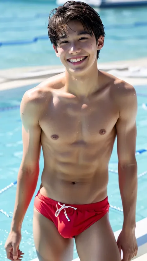 male Age 25 swimwear lifeguard topless smile