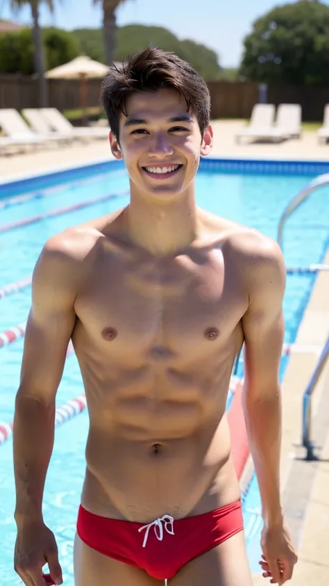 male Age 25 swimwear lifeguard topless smile