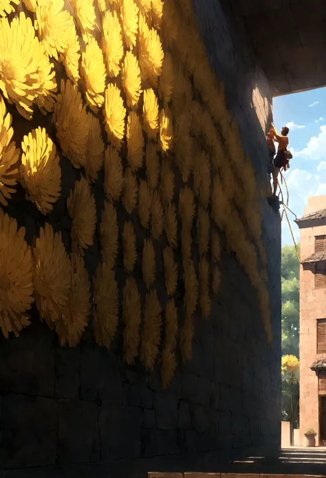 Outdoor sun-shading climbing wall, mature Indian chrysanthemum, 6m high and 30m wide. Pots for planting are placed on top of the wall