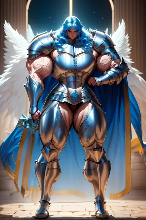 (((Massive, beautiful, buff, muscular pale white skinned female knight with royal blue hair, black lipstick, huge angle wings, ginormous bulky muscles, holding a sword and shield and wearing an all royal blue gleaming knight armor with hauberk pants))), {c...