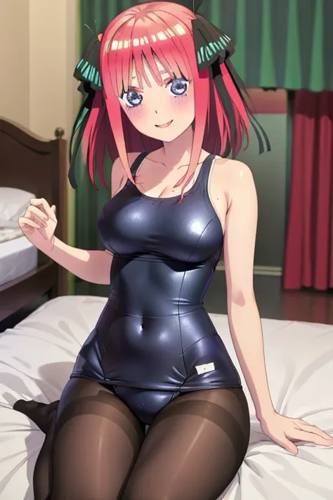 masterpiece, best quality, insanely detailed, beautiful, nino nakano, one-piece swimsuit, breasts, pantyhose, blush, smile, bed room, legs spread