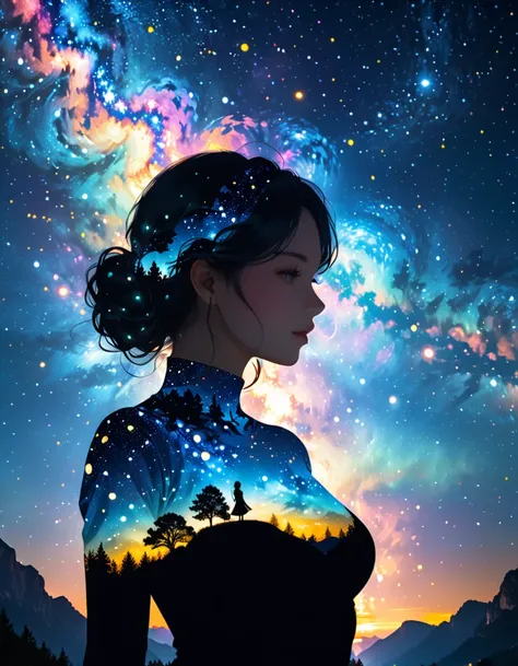 High quality, 8K Ultra HD, A beautiful double exposure that combines a goddess silhouette with the starry night sky，the starry night sky should serve as the underlying backdrop, with its details incorporated into the goddess, crisp lines，sharp focus, doubl...