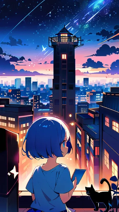 1girl, short hair, blue eyes, skirt, shirt, holding, , standing, outdoors, sky, cloud, blue skirt, night, animal, cat, building, star (sky), scenery, starry sky, city, cityscape, whiskers, rooftop, oversized animal,Blue Hair Girl,Face close-up