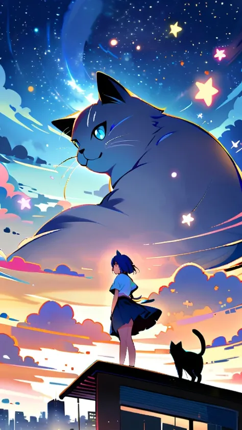 1girl, short hair, blue eyes, skirt, shirt, holding, , standing, outdoors, sky, cloud, blue skirt, night, animal, cat, building, star (sky), scenery, starry sky, city, cityscape, whiskers, rooftop, oversized animal,Blue Hair Girl,Face close-up