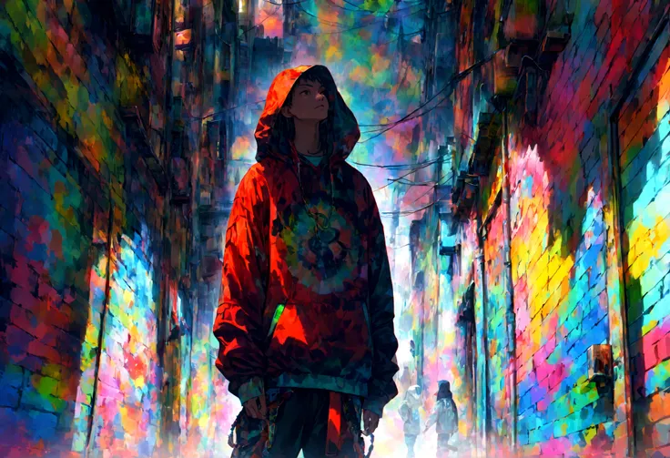 Going against the tide of the times,High definition,8K,psychedelic,wall,Hip-Hop,Rap,Alley,wallに落書き,Hip Hop Fashion,Young man,cool