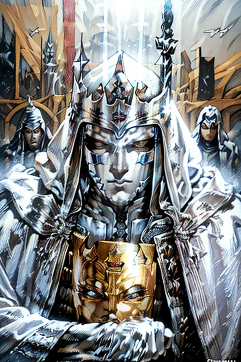 a realistic painting of king baldwin iv of jerusalem, from the film ((kingdom of heaven)), white hood, ((silver mask:1.4)) cover...