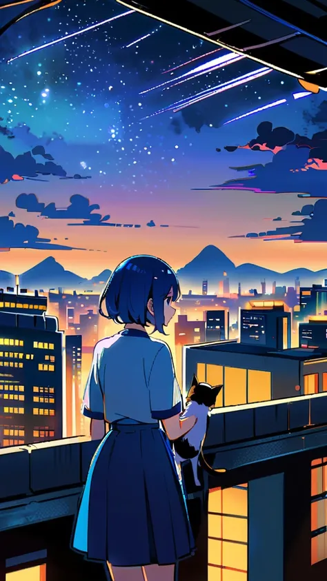 1girl, short hair, blue eyes, skirt, shirt, holding, , standing, outdoors, sky, cloud, blue skirt, night, animal, cat, building, star (sky), scenery, starry sky, city, cityscape, whiskers, rooftop, oversized animal,Blue Hair Girl,Face close-up