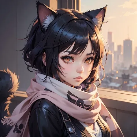 ((Anime character with cat ears and a scarf on)), girl with cat ears, artwork in the style of guweiz, in an anime style, anime girl catgirl, emo girl with cat ears and tail, anime style portrait, in anime style, digital anime illustration, flat anime style...