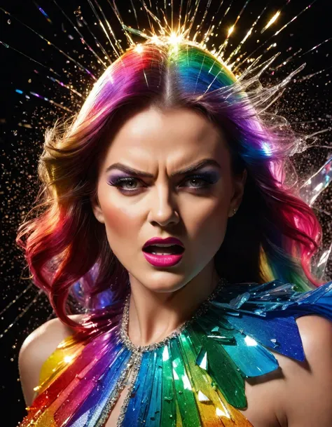 Close up front view of a (((mean))) lady, broken glass dispersing rainbow light, masterpiece in maximum 16K resolution, superb quality, perfect lighting