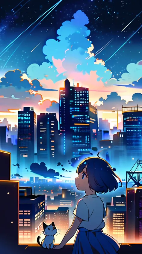 1girl, short hair, blue eyes, skirt, shirt, holding, , standing, outdoors, sky, cloud, blue skirt, night, animal, cat, building, star (sky), scenery, starry sky, city, cityscape, whiskers, rooftop, oversized animal,Blue Haired Woman,Face close-up,Well-form...