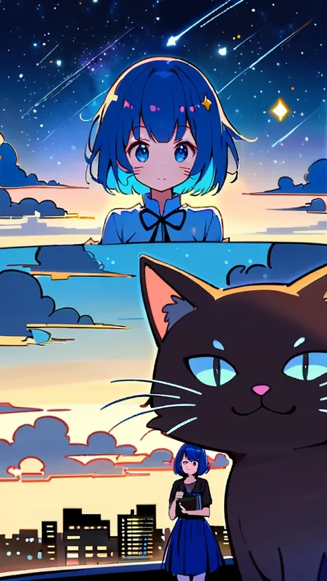 1girl, short hair, blue eyes, skirt, shirt, holding, , standing, outdoors, sky, cloud, blue skirt, night, animal, cat, building, star (sky), scenery, starry sky, city, cityscape, whiskers, rooftop, oversized animal,Blue Haired Woman,Face close-up,Well-form...