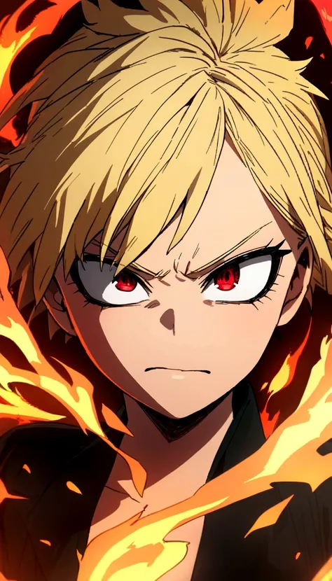 masterpiece, high quality, perfect face, high texture, 1 girl, 1 person, anime, my hero academia, blonde hair, short hair, red eyes, angry face, black jacket, flame, fire background