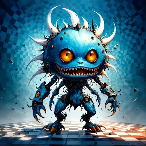 Dodger blue and white checkered background,(highest quality,4K,8k,High resolution,masterpiece:1.2),Super detailed,surrealist style,Daniel Merriam style,Nice style biopunk monster concept,Character Concept Design,
break
(full_shot:1.2),Negative space config...