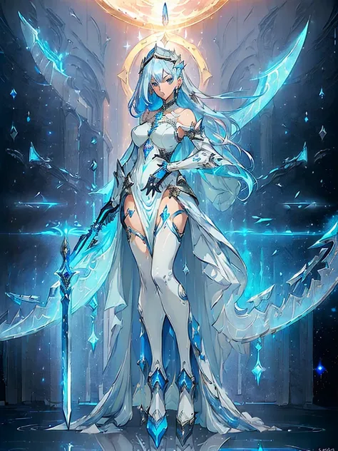 Design a layout showcase Gaming character, (1girl). Blue+Silver clothes, celestial and graceful, ((showcase weapon:1.4)), crescent blade, (masterpiece:1.2), (best quality), 4k, ultra-detailed, (Step by step design, layout art:1.5), (starry lighting, cosmic...