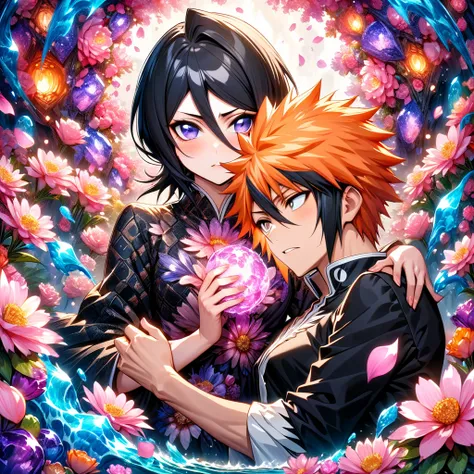 Ultra detailed, highres, absurdres, HDR, master piece, Kurosaki Ichigo, orange hair, expressive brown eyes, Kuchiki Rukia, black hair, expressive purple eyes, black clothes with patterns, Bleach, fantasy, petals, blossoms, pink flowers, water, a handsome m...