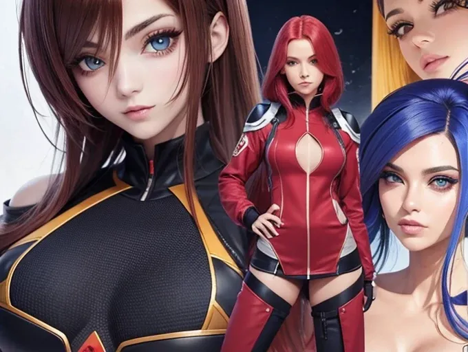 Mulher.cabelo vermelho.olhos amarelos.roupa futurista.estilo anime