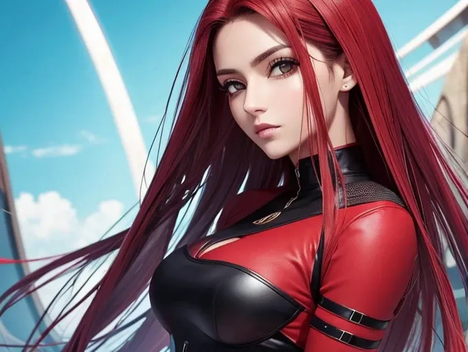 Mulher.cabelo vermelho.olhos amarelos.roupa futurista.estilo anime