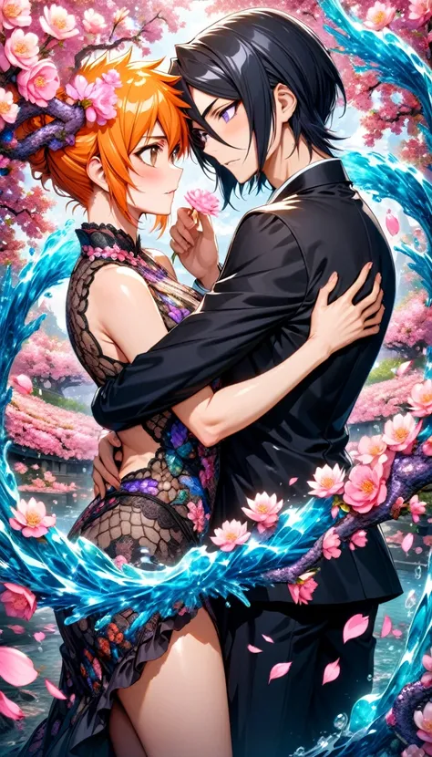 Ultra detailed, highres, absurdres, HDR, master piece, Kurosaki Ichigo, orange hair, expressive brown eyes, Kuchiki Rukia, black hair, expressive purple eyes, black clothes with patterns, Bleach, fantasy, petals, blossoms, pink flowers, water, a handsome m...