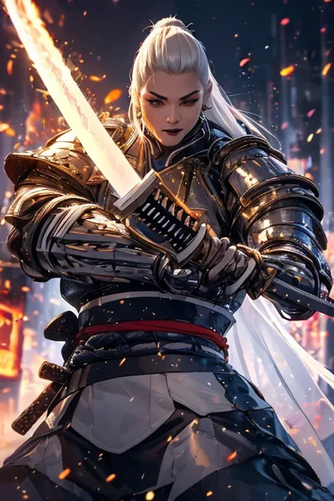 ((((Massive, tall, beautiful, buff, muscular light brown skinned female samurai with white hair, black lipstick, ginormous bulky muscles, holding a white fire sword and wearing an all white cyber samurai armor with pants)))), {close view}, black eyeliner, ...