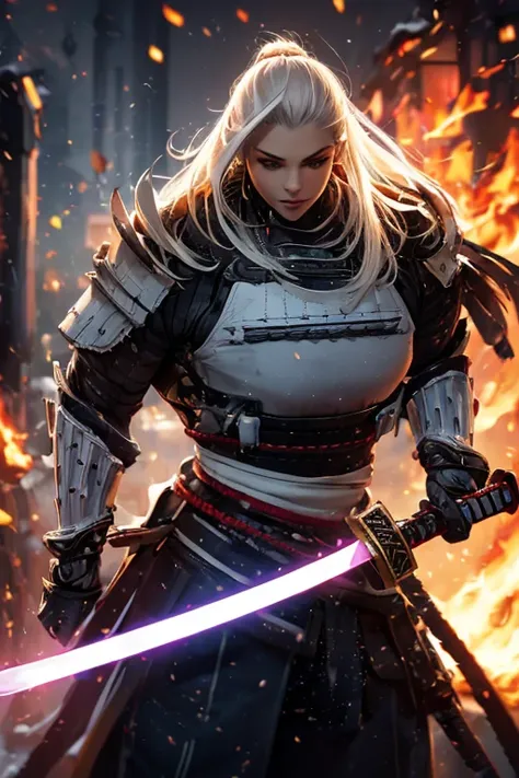 ((((Massive, tall, beautiful, buff, muscular light brown skinned female samurai with white hair, black lipstick, ginormous bulky muscles, holding a white fire sword and wearing an all white cyber samurai armor with pants)))), {close view}, black eyeliner, ...