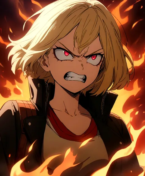 masterpiece, high quality, perfect face, high texture, 1 girl, 1 person, anime, my hero academia, blonde hair, short hair, red eyes, angry face, black jacket, flame, fire background