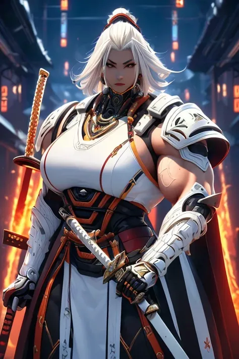 ((((Massive, tall, beautiful, buff, muscular light brown skinned female samurai with white hair, black lipstick, ginormous bulky muscles, holding a white fire sword and wearing an all white cyber samurai armor with pants)))), {close view}, black eyeliner, ...