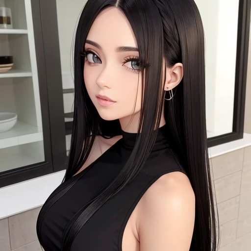 Mulher.cabelo preto.olhos castanhos.vestido longo.estilo anime 