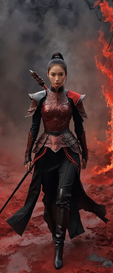 (masterpiece, best quality:1.2), 1girl, solo，front view，walking down a hell，walkwoman in black and red，Red and black armor，Carrying a red tasseled spear on his back，Ponytail，anatomical correct