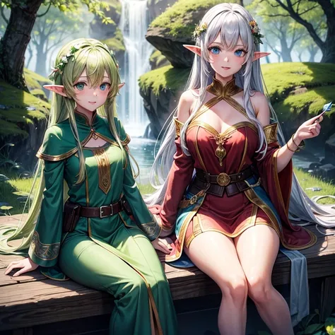 (8k, super details, award winning, high res, anime illustration), two elf girls. One with long silver hair, green eyes. The other with short golden hair, blue eyes, in a green tunic. Magical forest with glowing flowers background, two elf sitting next to e...