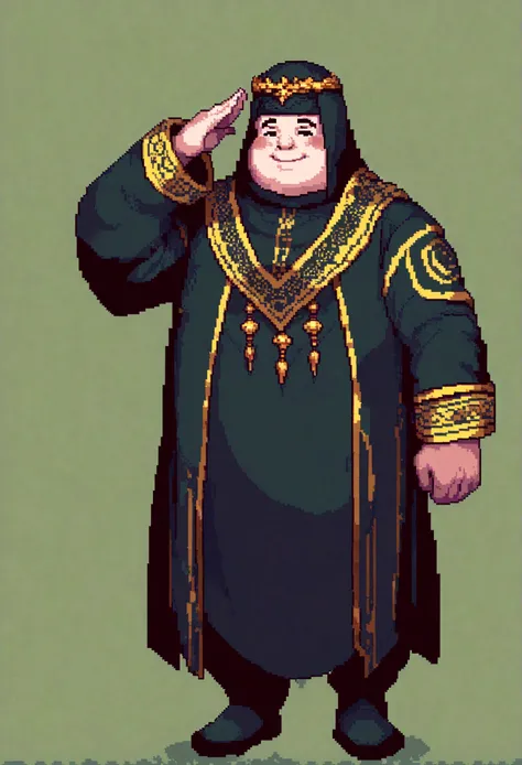 A fat man wearing a saudi thob and agal, saluting with his right hand raised to the forehead. He is smiling, full body, character design, pixel art, pixel art 32x32 pixels.