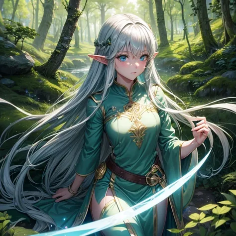 (8k, super details, award winning, high res), anime illustration, two elf girls. One with long silver hair, green eyes. The other with short golden hair, blue eyes, in a green tunic. Set in a magical forest with glowing flowers and ancient trees.