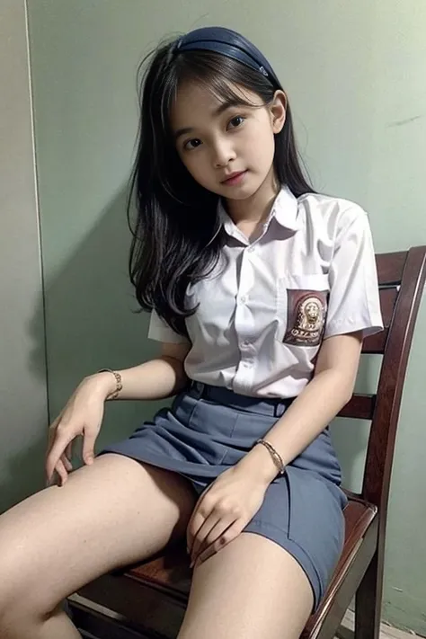 Indonesian face girl, wear skirt, Girl sitting on chair, open crossing leg to front, seeing panties on skirt, visible panties, using panties.