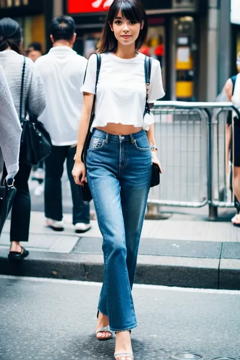 Chica japonesa de talla media y busto mediano con ropa casual de verano paseando por las calles de Shibuya 