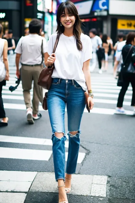 Chica japonesa de talla media y busto mediano con ropa casual de verano paseando por las calles de Shibuya 