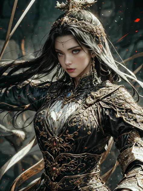 a majestic, imposing, magical female warrior, war pose, action, detailed face, beautiful eyes, intricate armor, glowing magical energy, cinematic lighting, dramatic colors, fantasy landscape, epic scale, (best quality, 8k, hyper-detailed, photorealistic:1....