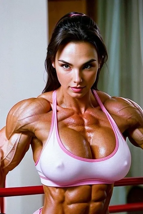 Gal Gadot as a HUGE Ms Olympia female bodybuilder bimbo who is ripped and extremely muscular almost manly on anabolic steroids with HUGE tits and huge pumped up muscles, biceps, and veins