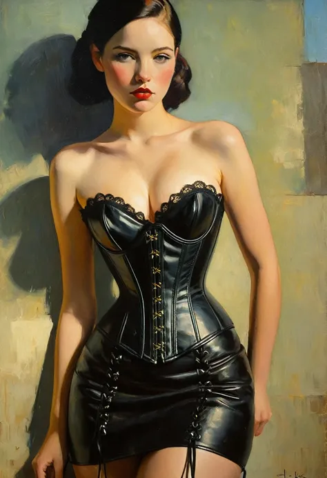 Create an evocative oil painting inspired by Malcolm Liepke, BDSM、(((black leather corset dress:1.4)))、(((The corset dress is decorated with beautiful lace.))), leopard print bikini, ((/microbikini/)), bare midriff, medium perfectly round breasts, cleavage...