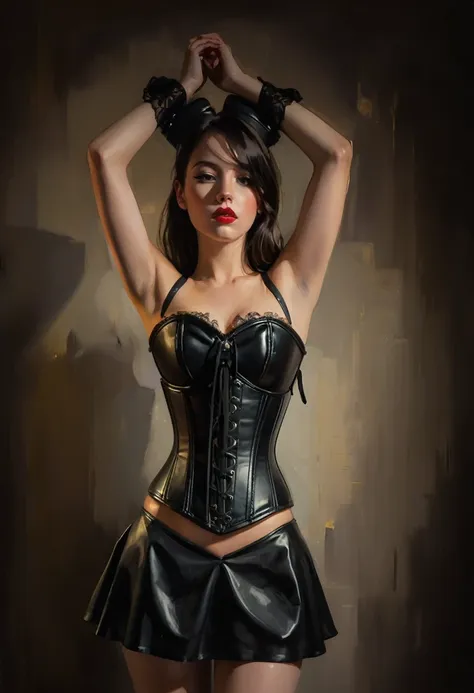 create an evocative oil painting inspired by malcolm liepke, bdsm、(((black leather corset dress:1.4)))、(((the corset dress is de...